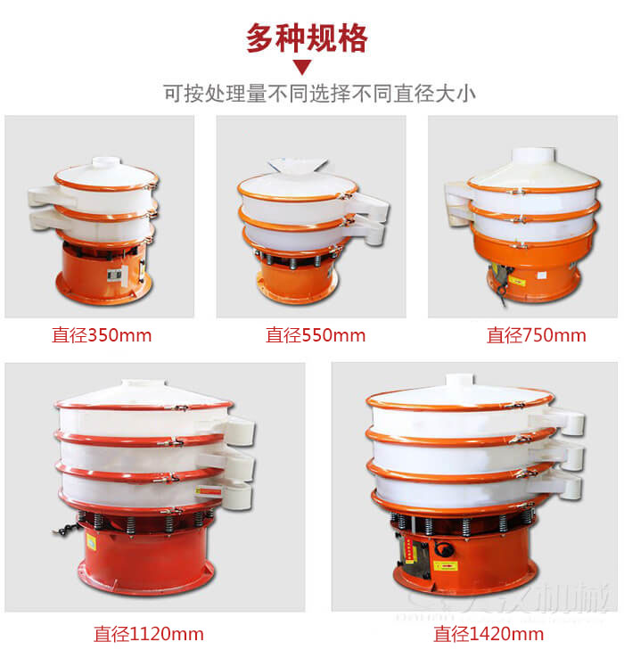 塑料振動篩不同篩分直徑進(jìn)行展示：350，550，750，1120，1420等。