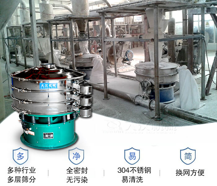 多種行業多層篩分采用全密封結構，無污染。304不銹鋼材質易清洗。同時換網方便。